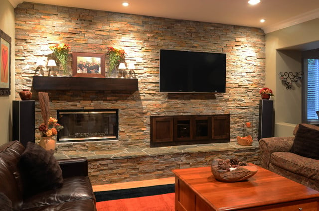 16 Divine Living Room Design Ideas with Exposed Stone Wall