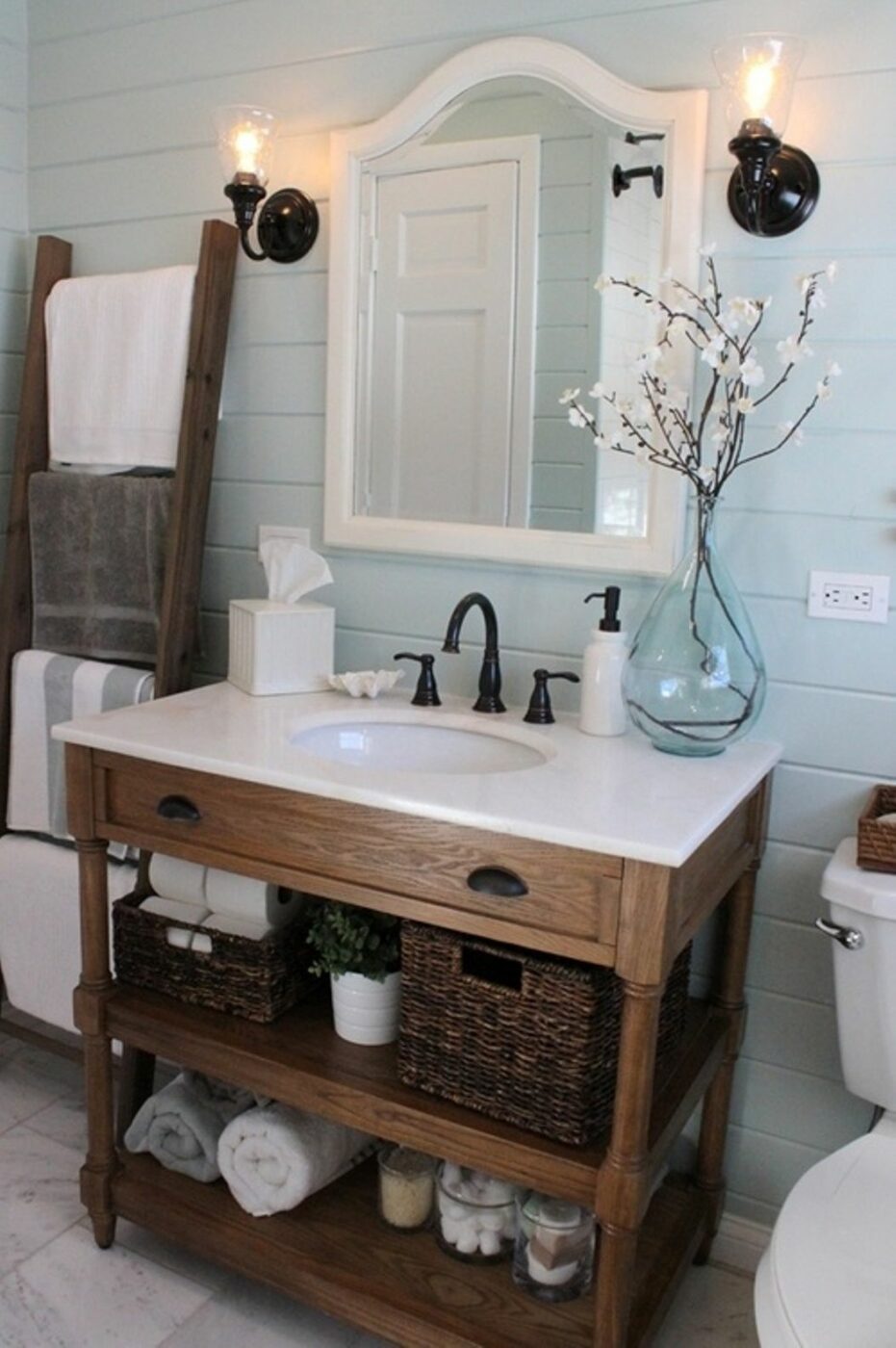 Cottage Bath with Painted Shiplap and Vintage Hardware