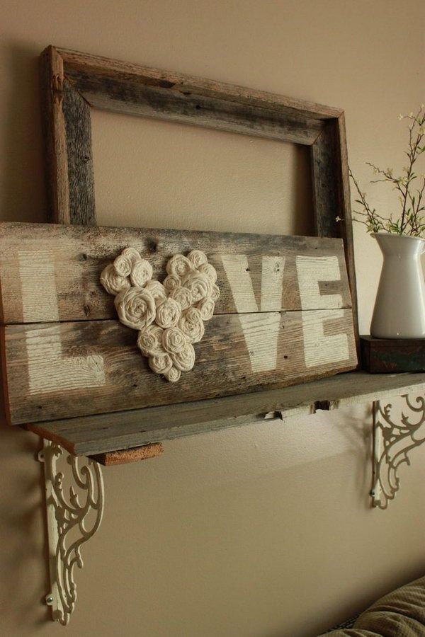 Reclaimed Wood and Yarn Rosettes Love Sign