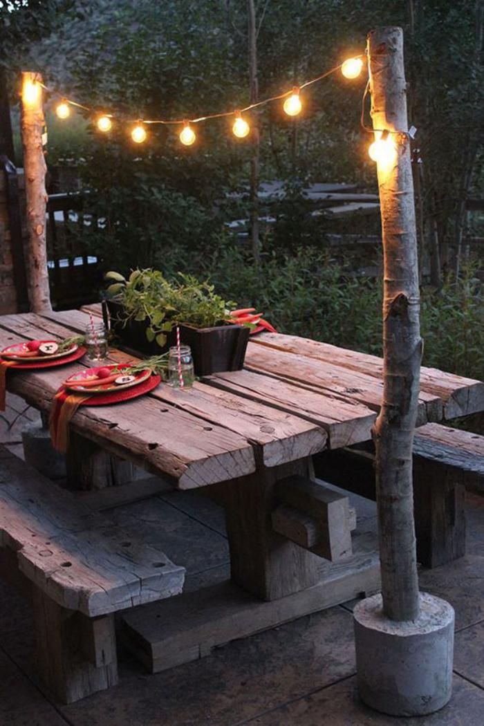 Earthy Picnic Table and Hanging Lights