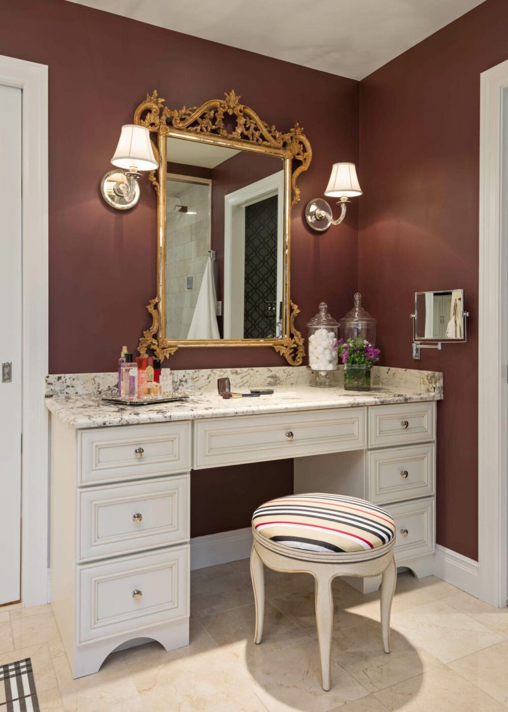 Marble-Topped Vanity with Baroque-Style Mirror