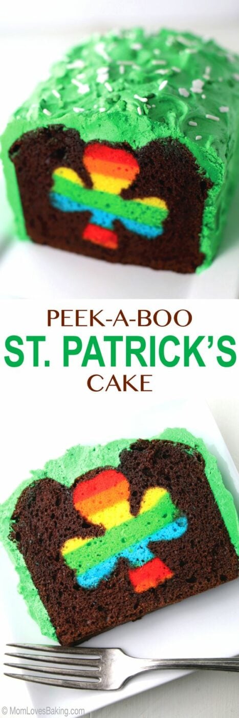 Chocolate loaf cake with green buttercream frosting and rainbow shamrock in the middle recipe. Perfect for St. Patrick's Day! via Mom Loves Baking #easystpatricksdaydesserts #stpatricksday #stpatricksdayparty #stpatricksdaypartyfood #lucky #luckygreen #luckytreats #shamrocks #clovers #rainbowtreats #leprechantreats