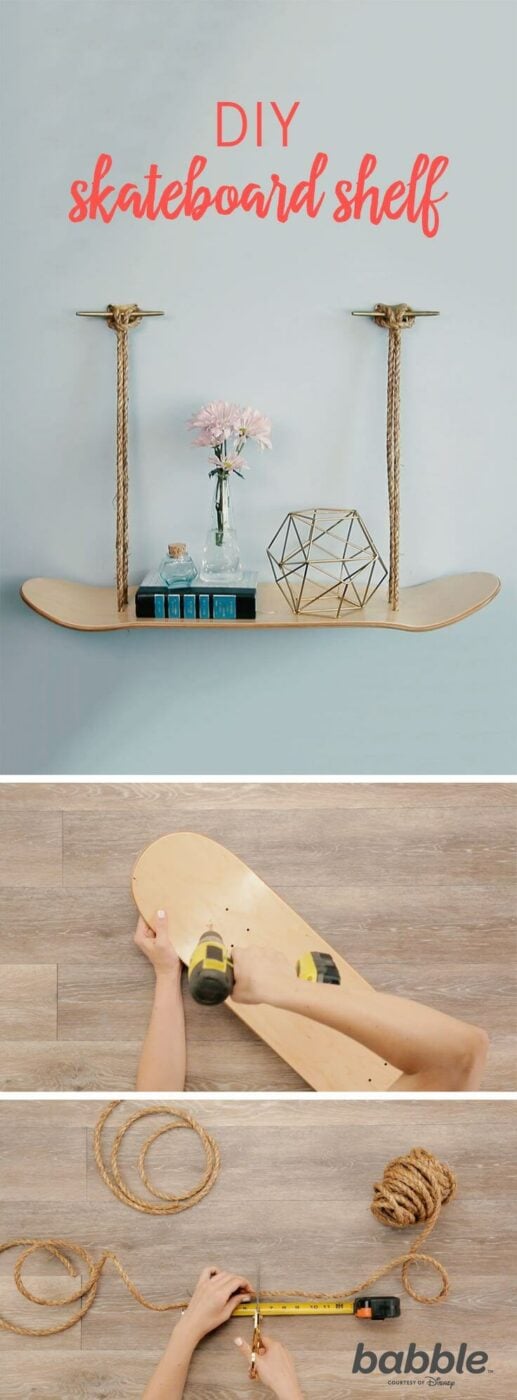 DIY Hanging Recycled Skateboard and Rope Storage