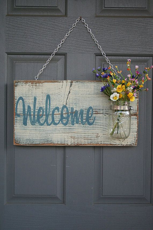 Welcome Sign with Mason Jar Flower Vase