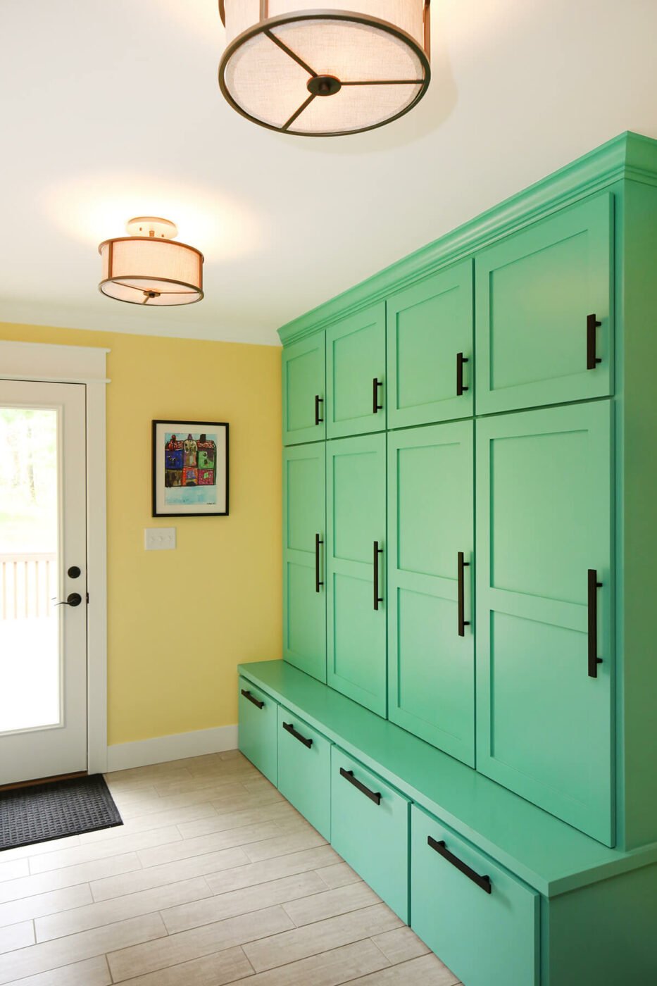 Bright Green Lockers And Built-in Bench