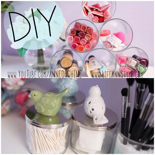DIY Makeup Organizing Ideas - Simple Candle Jar Makeup Storage - Projects for Makeup Drawer, Box, Storage, Jars and Wall Displays - Cheap Dollar Tree Ideas with Cardboard and Shoebox - Wood Organizers, Tray and Travel Carriers http://diyprojectsforteens.com/diy-makeup-organizing