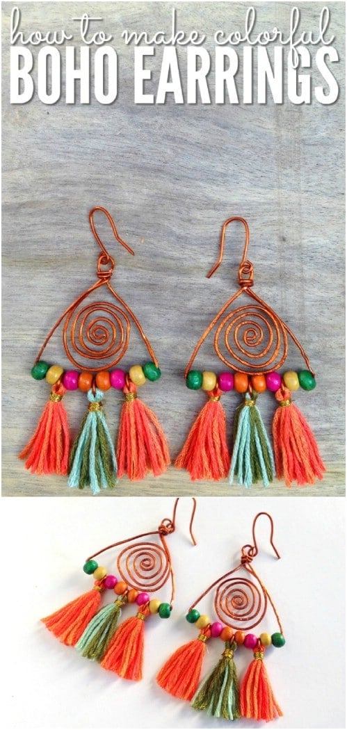 Colorful Copper And Bead Tassel Earrings