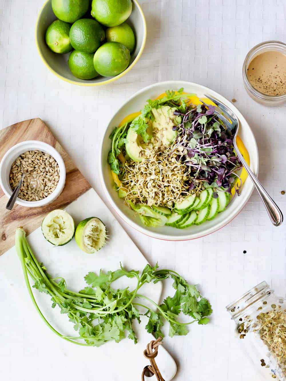 Sprouted salad with tahini lime dressing + 15 Farmers market recipes to make in April! Delicious, vegetarian, (mostly) healthy spring recipes made with fresh, seasonal produce from your local farmers market or CSA bin. Eat local! // Rhubarbarians