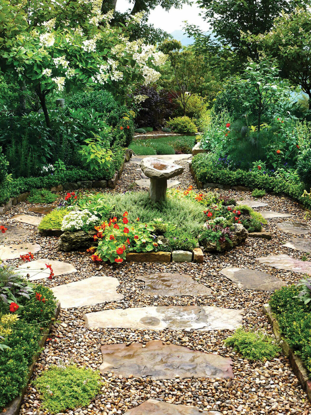Romantic Stone Walkway Embraces A Garden Fountain