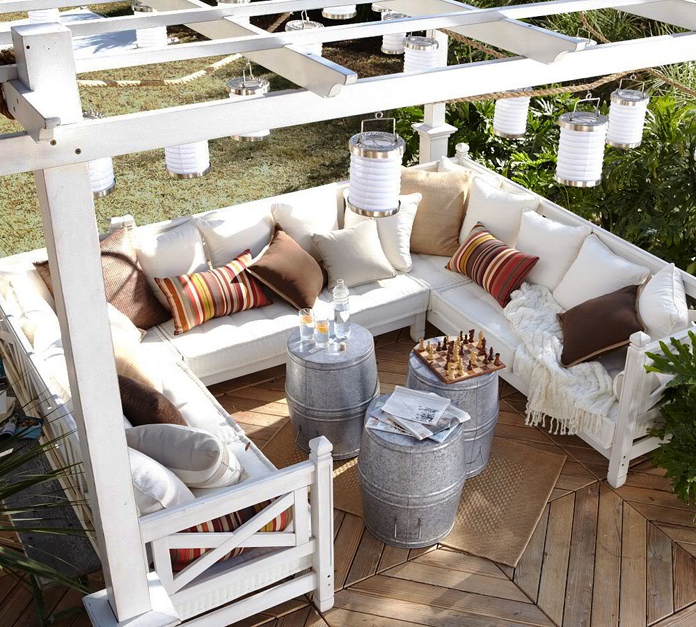 Square Sectional with Keg Tables and Hanging Lanterns