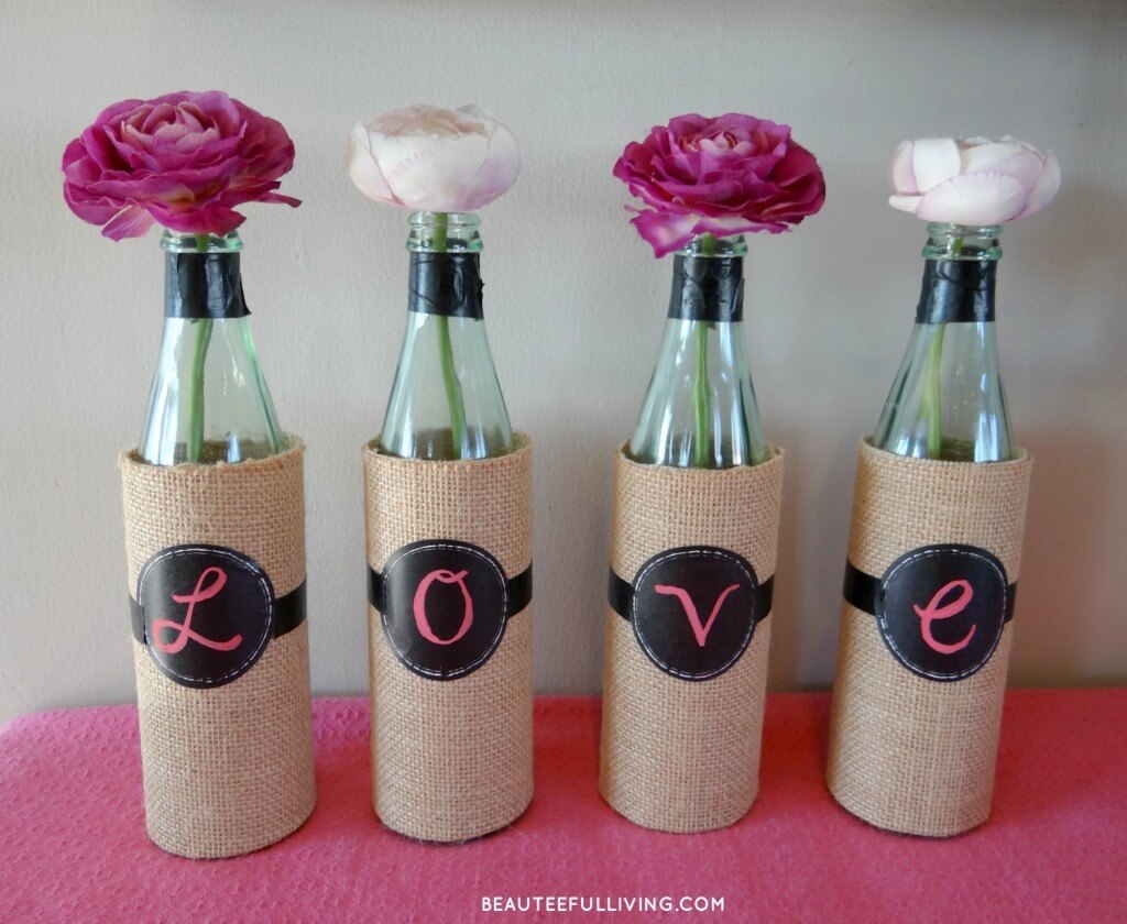 Burlap Wrapped Bottles with Cabbage Roses