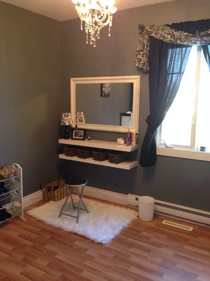 Floating Vanity Shelves and Framed Wall Mirror