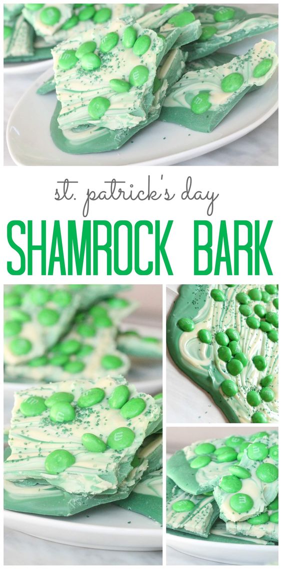 This Shamrock Bark Recipe via Passion for Savings only requires 3 ingredients, it's SUPER Easy to make and the Kids will EAT IT UP! It's perfect for St. Patricks Day Parties and Treats. #easystpatricksdaydesserts #stpatricksday #stpatricksdayparty #stpatricksdaypartyfood #lucky #luckygreen #luckytreats #shamrocks #clovers #rainbowtreats #leprechantreats