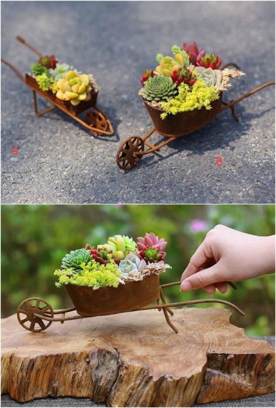 Rusty Iron Wheelbarrow Flowerpot Succulent Container 