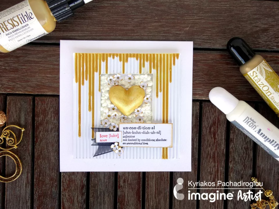 gold heart surrounded by paper flowers wedding card