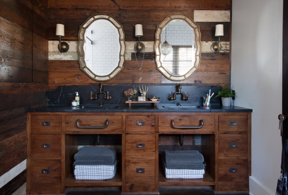Dark Paneled Vanity Backsplash with Vintage-style Double Mirrors
