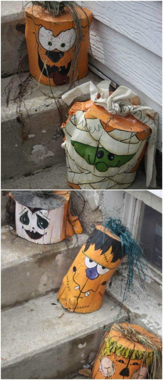 DIY Upcycled Stump Pumpkins - 25 Fantastic Reclaimed Wood Halloween Decorations For Your Home And Garden