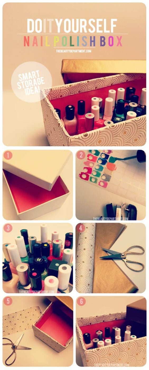 DIY Makeup Organizing Ideas - Nail Polish Storage Idea - Projects for Makeup Drawer, Box, Storage, Jars and Wall Displays - Cheap Dollar Tree Ideas with Cardboard and Shoebox - Wood Organizers, Tray and Travel Carriers http://diyprojectsforteens.com/diy-makeup-organizing