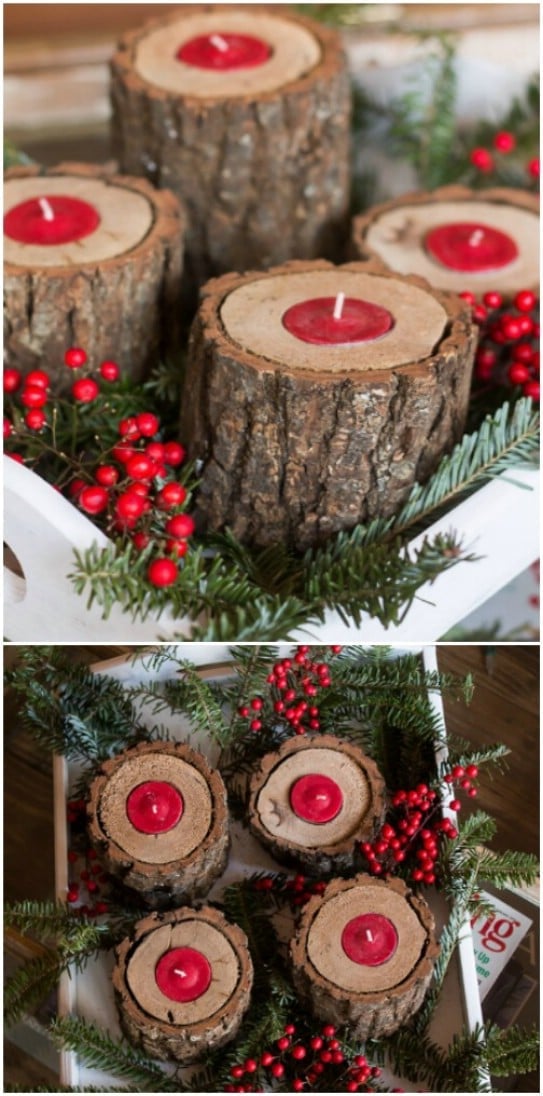 DIY Rustic Wooden Christmas Candle Holders
