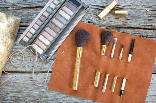 DIY Makeup Organizing Ideas - Leather Brush Holder - Projects for Makeup Drawer, Box, Storage, Jars and Wall Displays - Cheap Dollar Tree Ideas with Cardboard and Shoebox - Wood Organizers, Tray and Travel Carriers http://diyprojectsforteens.com/diy-makeup-organizing
