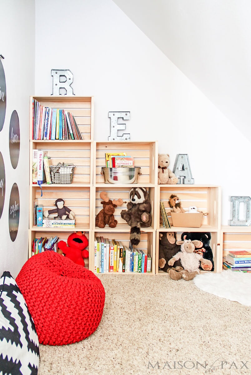 Easy DIY Playroom Stepped Crate Bookshelf
