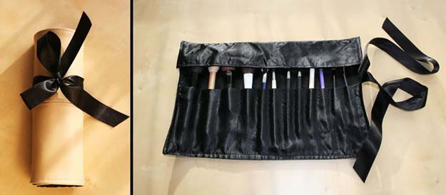 DIY Makeup Organizing Ideas - Faux Leather Make-up Brush Roll - Projects for Makeup Drawer, Box, Storage, Jars and Wall Displays - Cheap Dollar Tree Ideas with Cardboard and Shoebox - Wood Organizers, Tray and Travel Carriers http://diyprojectsforteens.com/diy-makeup-organizing