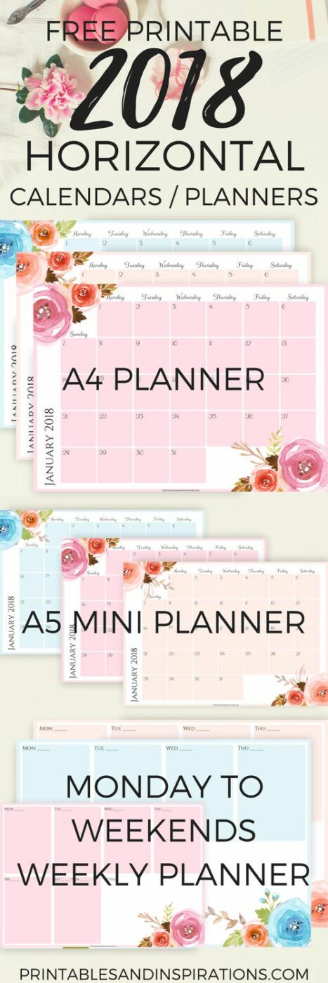 2018 calendar, free printables planner, 2018 horizontal calendar, monthly planner printables, monthly spread, Monday to Sunday weekly planner, floral design