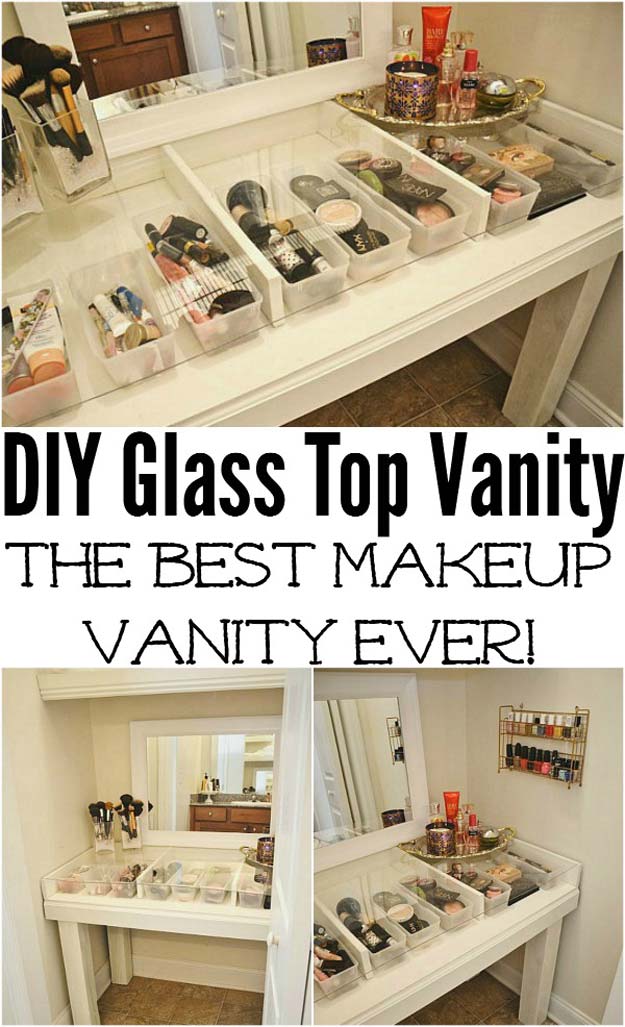 DIY Makeup Organizing Ideas - Glass Top Makeup Vanity - Projects for Makeup Drawer, Box, Storage, Jars and Wall Displays - Cheap Dollar Tree Ideas with Cardboard and Shoebox - Wood Organizers, Tray and Travel Carriers http://diyprojectsforteens.com/diy-makeup-organizing