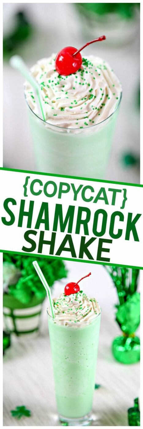 {COPYCAT} Homemade Shamrock Shake Recipe via Baking Beauty - Cool and creamy mint shake that tastes just like McDonald's Shamrock Shakes. Only 4 simple ingredients, no blender required! #easystpatricksdaydesserts #stpatricksday #stpatricksdayparty #stpatricksdaypartyfood #lucky #luckygreen #luckytreats #shamrocks #clovers #rainbowtreats #leprechantreats