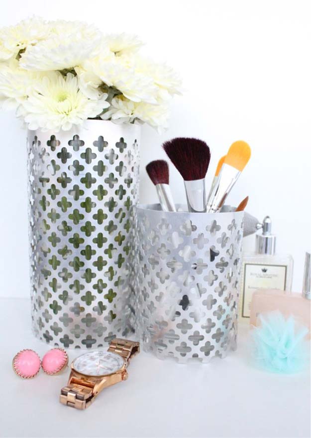 DIY Makeup Organizing Ideas - Aluminum Vase Utensils Holders - Projects for Makeup Drawer, Box, Storage, Jars and Wall Displays - Cheap Dollar Tree Ideas with Cardboard and Shoebox - Wood Organizers, Tray and Travel Carriers http://diyprojectsforteens.com/diy-makeup-organizing