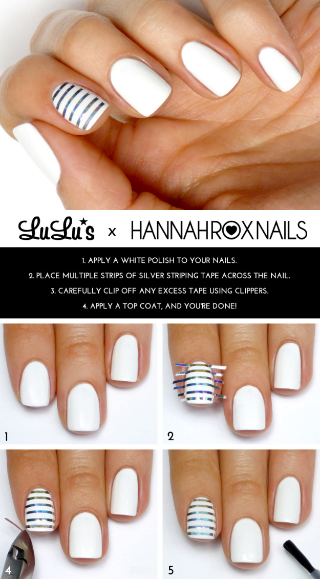 Cool Nail Art Ideas - Fun and Easy DIY Nail Designs - Step By Step Tutorials and Instructions for Manicures at Home - Silver and White Striped Nail Design Tutorial