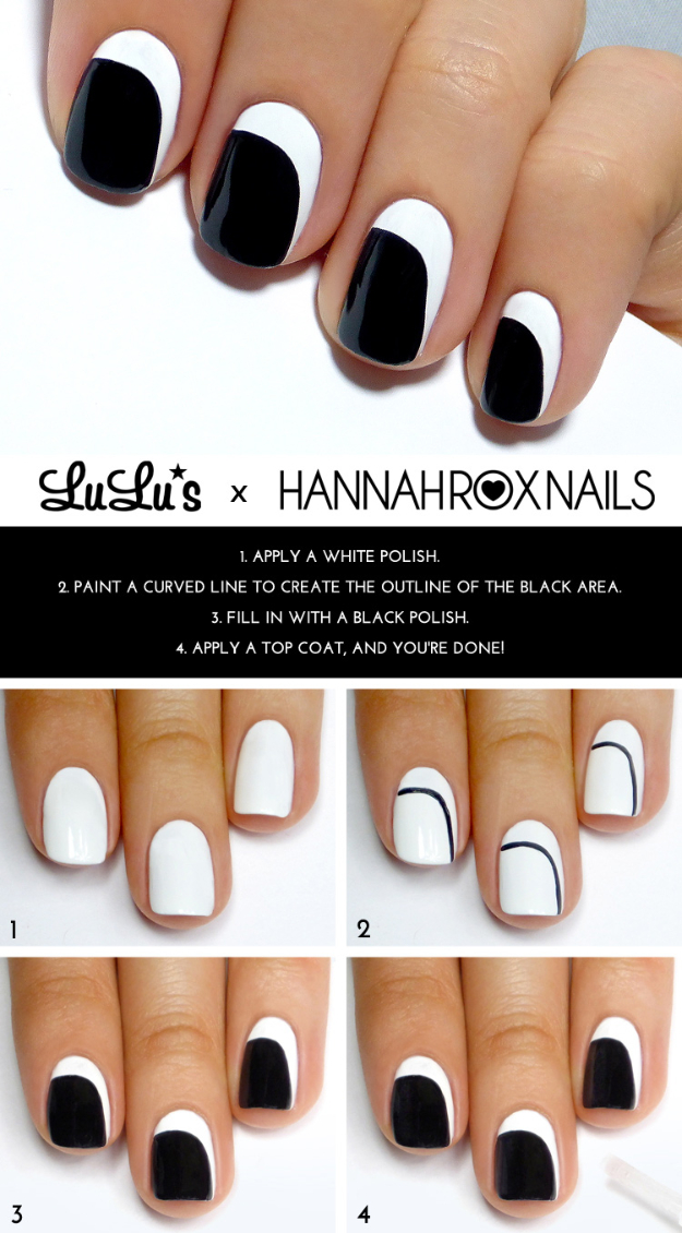 Cool Nail Art Ideas -Black and White Crescent Nails- Nail Polish Design Ideas- Candy Coat Stars and Stripes Nail Design Tutorial - Easy Nail Art Tutorials - Fun and Easy DIY Nail Designs - Step By Step Tutorials and Instructions for Manicures at Home 