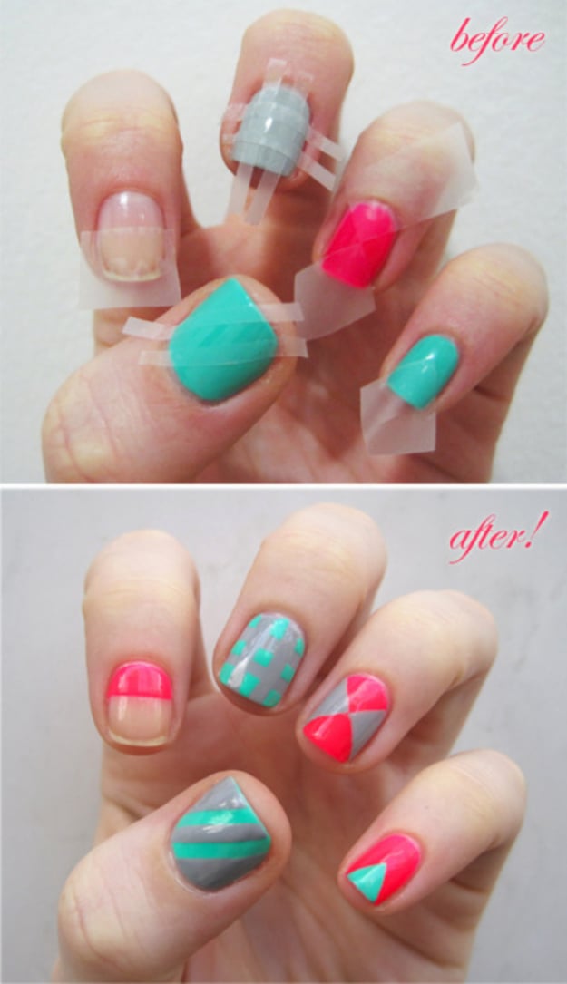 Cool Nail Art Ideas -Colorblock Nails With Scotch Tape- Easy Nail Art Tutorials - Fun and Easy DIY Nail Designs - Step By Step Tutorials and Instructions for Manicures at Home 