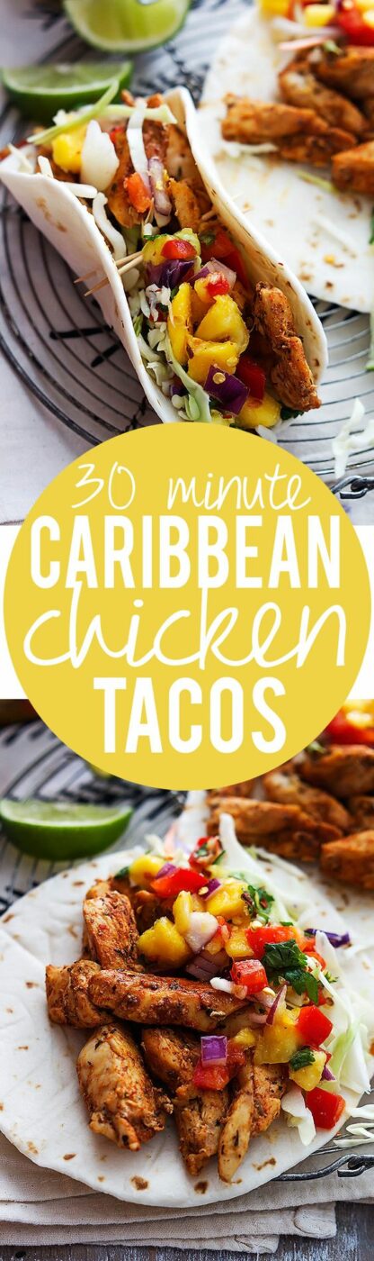 Easy 30 minute Caribbean Chicken Tacos Recipe via Creme de la Crumb | You can use flour or corn tortillas or lettuce wraps, whichever you prefer! - The BEST 30 Minute Meals Recipes - Easy, Quick and Delicious Family Friendly Lunch and Dinner Ideas #30minutemeals #30minutedinners #thirtyminutedinners #30minuterecipes #fastrecipes #easyrecipes #quickrecipes #mealprep