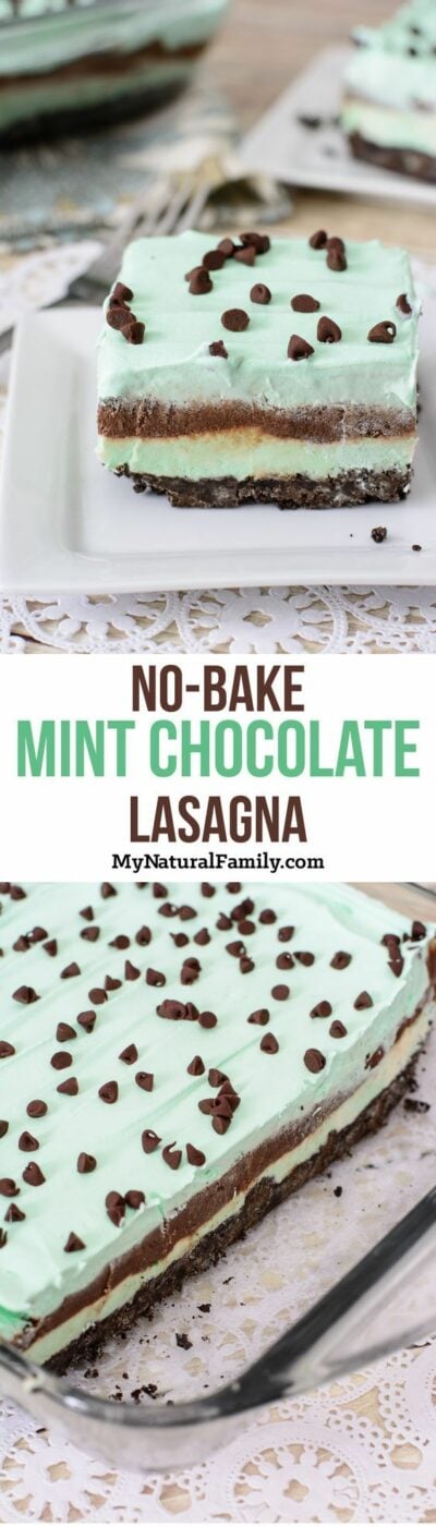 No-Bake Mint Chocolate Lasagna Dessert Recipe via My Natural Family - I've got to try this recipe. It looks easy enough for my kids to make for St. Patrick's Day! #easystpatricksdaydesserts #stpatricksday #stpatricksdayparty #stpatricksdaypartyfood #lucky #luckygreen #luckytreats #shamrocks #clovers #rainbowtreats #leprechantreats