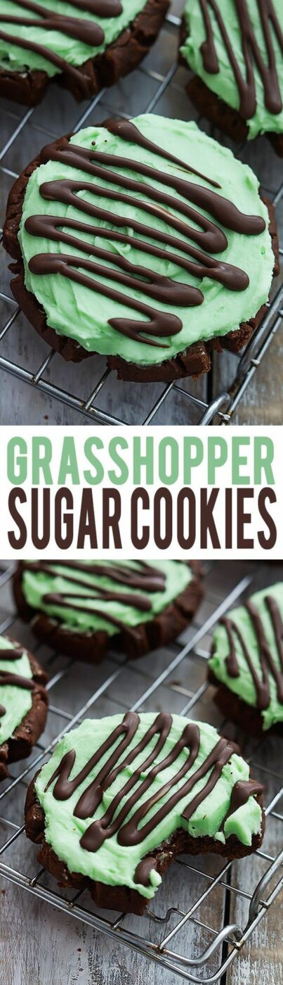 Grasshopper Sugar Cookies Recipe via Creme De La Crumb- moist chocolate sugar cookies with fluffy mint frosting, topped with Andes mint chocolate drizzle! #easystpatricksdaydesserts #stpatricksday #stpatricksdayparty #stpatricksdaypartyfood #lucky #luckygreen #luckytreats #shamrocks #clovers #rainbowtreats