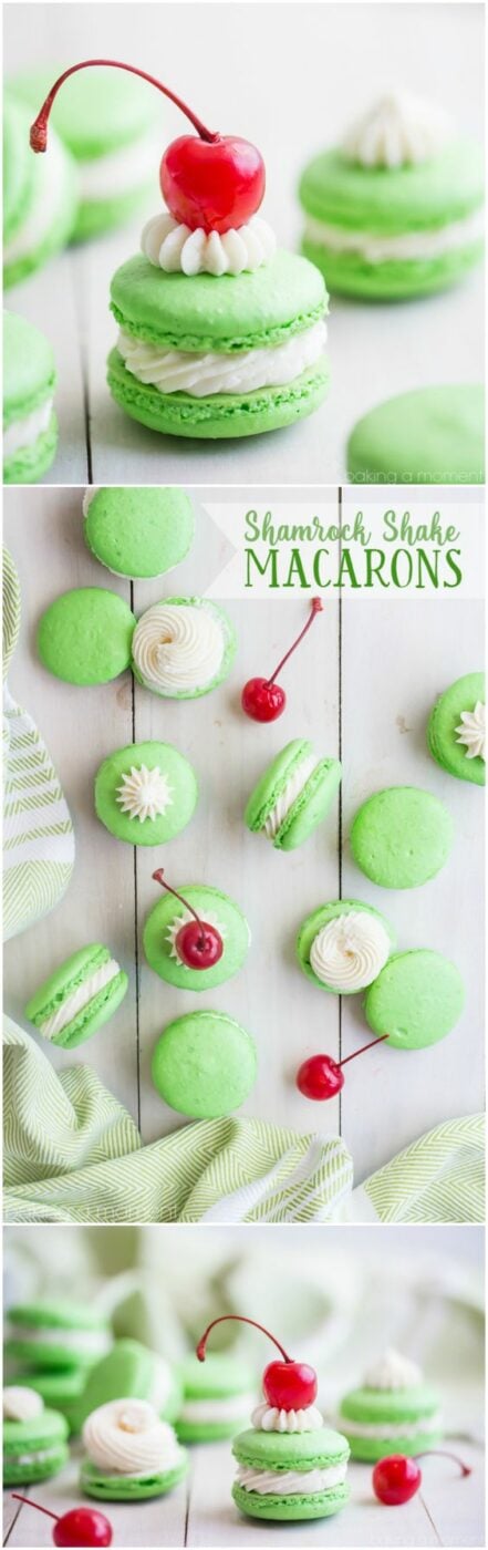 Shamrock Shake Macarons Recipe via Baking a Moment - So much fun for St. Patrick's Day! #easystpatricksdaydesserts #stpatricksday #stpatricksdayparty #stpatricksdaypartyfood #lucky #luckygreen #luckytreats #shamrocks #clovers #rainbowtreats #leprechantreats