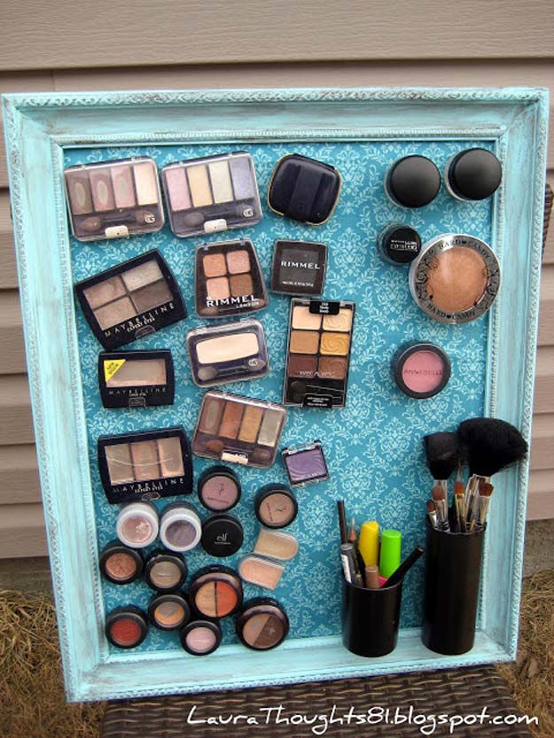 DIY Makeup Organizing Ideas - Make-up Magnet Board - Projects for Makeup Drawer, Box, Storage, Jars and Wall Displays - Cheap Dollar Tree Ideas with Cardboard and Shoebox - Wood Organizers, Tray and Travel Carriers http://diyprojectsforteens.com/diy-makeup-organizing