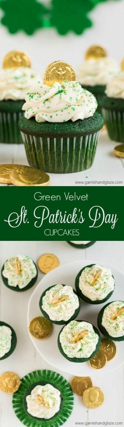 Get in the St. Patrick's Day Spirit with these yummy Green Velvet St. Patrick's Day Cupcakes topped with Cream Cheese Frosting! Recipe via Garnish and Glaze #easystpatricksdaydesserts #stpatricksday #stpatricksdayparty #stpatricksdaypartyfood #lucky #luckygreen #luckytreats #shamrocks #clovers #rainbowtreats #leprechantreats