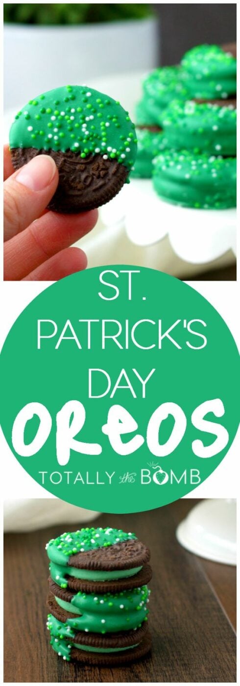 St. Patrick’s Day Mint Dipped Oreos - Green Treats Recipe via Totally the Bomb #easystpatricksdaydesserts #stpatricksday #stpatricksdayparty #stpatricksdaypartyfood #lucky #luckygreen #luckytreats #shamrocks #clovers #rainbowtreats #leprechantreats