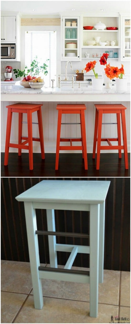 Wooden Barstools With Metal Rod Accents