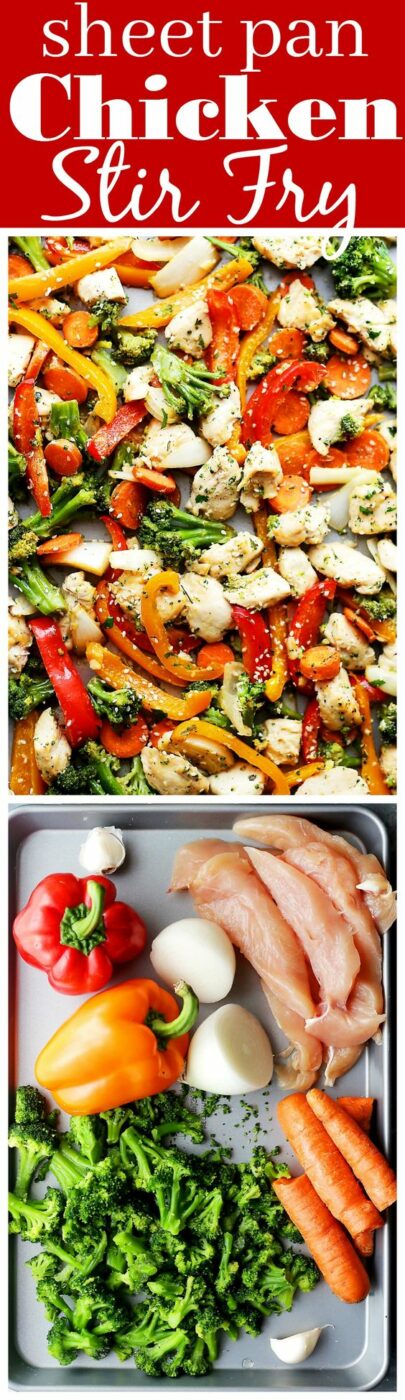 30 Minute Sheet Pan Chicken "Stir Fry" Recipe via Diethood - Just one pan and 30 minutes is all you will need to make this amazing meal! Skip the wok and make this quick and healthy chicken stir fry dinner in the oven! - The BEST 30 Minute Meals Recipes - Easy, Quick and Delicious Family Friendly Lunch and Dinner Ideas #30minutemeals #30minutedinners #thirtyminutedinners #30minuterecipes #fastrecipes #easyrecipes #quickrecipes #mealprep