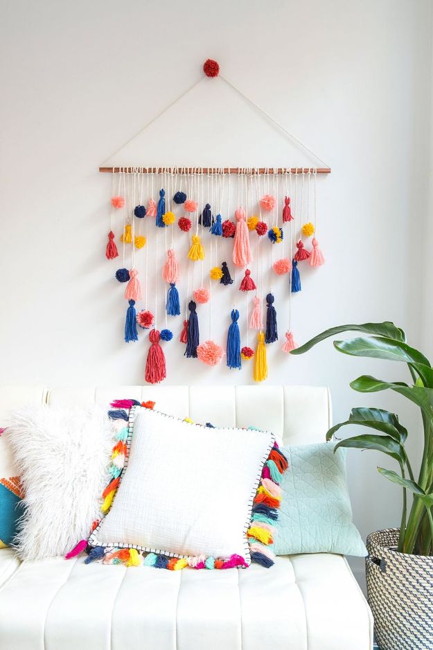 Cheap Wall Decor Ideas - Adorable Pom-Pom Tassel Wall Hanging - Cute and Easy Room Decor for Teens - Ideas for Teenager Bedroom Walls - Boys and Girls Room Canvas Wall Art and Decorating #teen #roomdecor #diydecor https://diyprojectsforteens.com/cheap-diy-wall-decor-ideas