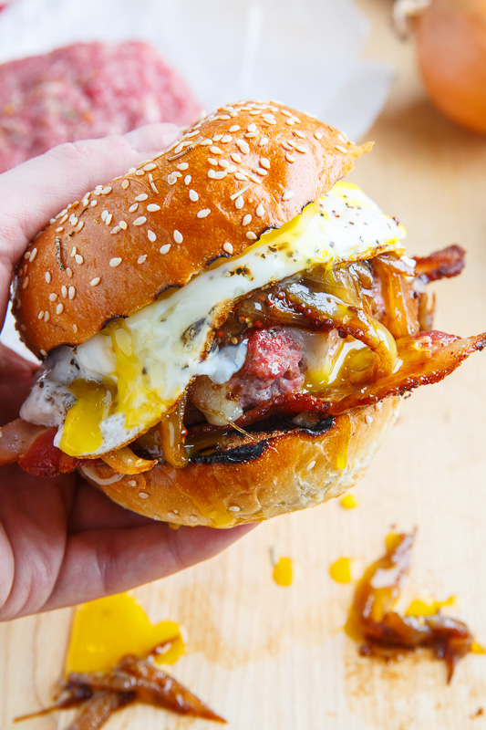 Bacon and Cheese Corned Beef Burger with Guinness Caramelized Onions and a Fried Egg | 25+ Burger recipes