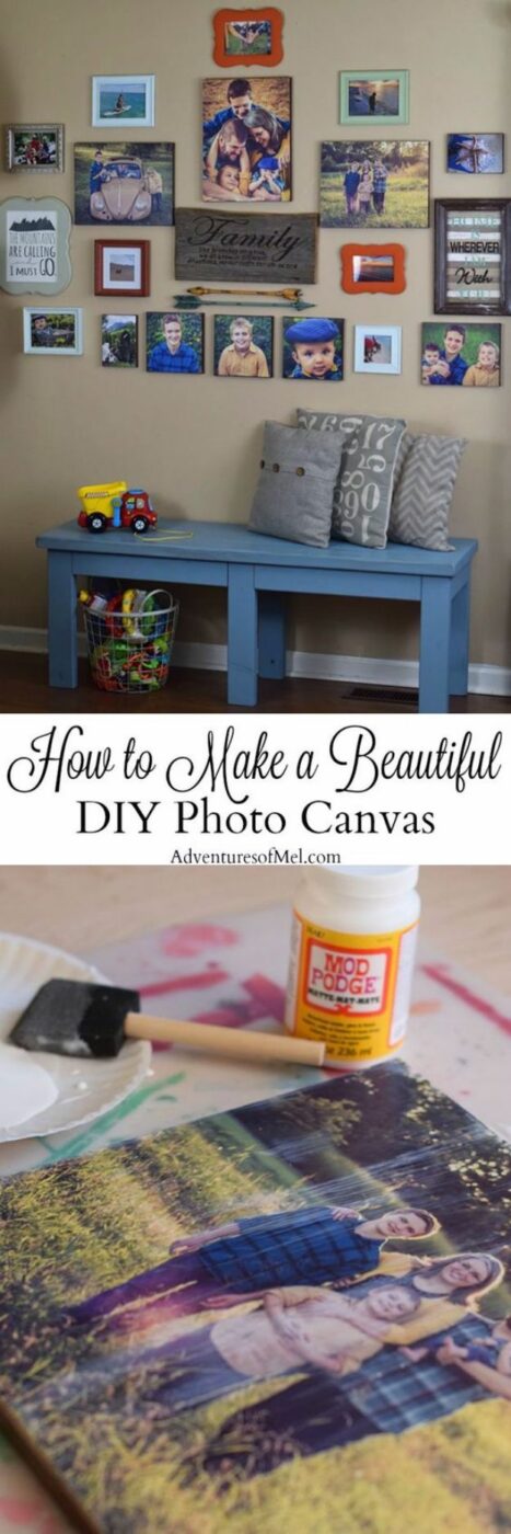 Mod Podge Crafts - Beautiful DIY Photo Canvas - DIY Modge Podge Ideas On Wood, Glass, Canvases, Fabric, Paper and Mason Jars - How To Make Pictures, Home Decor, Easy Craft Ideas and DIY Wall Art for Beginners - Cute, Cheap Crafty Homemade Gifts for Christmas and Birthday Presents http://diyjoy.com/mod-podge-crafts