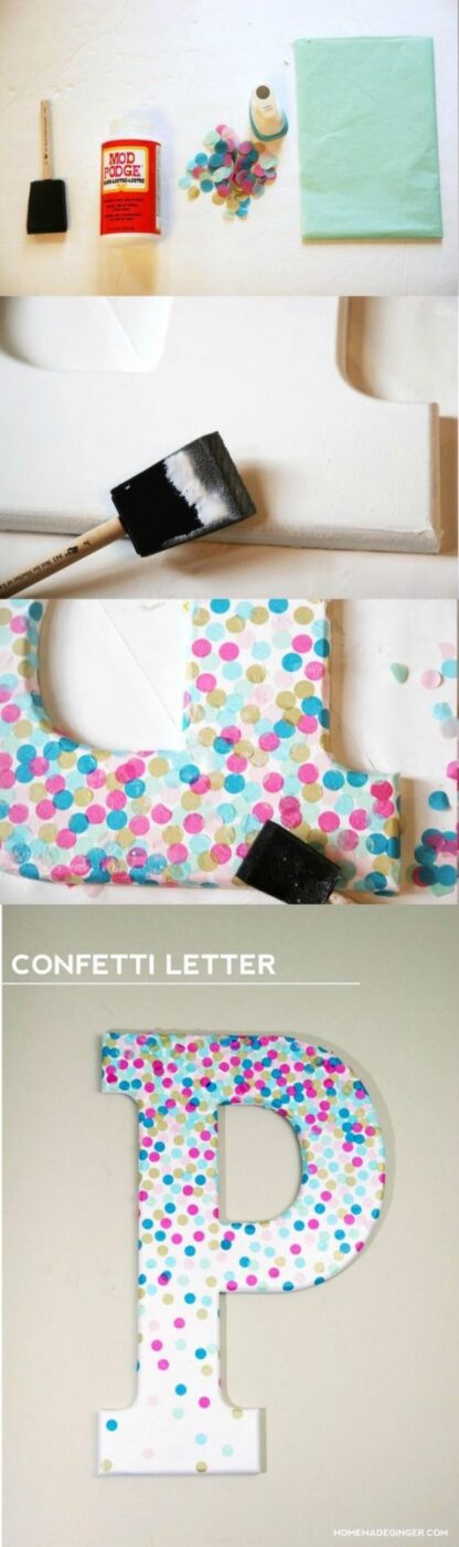Mod Podge Crafts - Confetti Letters - DIY Modge Podge Ideas On Wood, Glass, Canvases, Fabric, Paper and Mason Jars - How To Make Pictures, Home Decor, Easy Craft Ideas and DIY Wall Art for Beginners - Cute, Cheap Crafty Homemade Gifts for Christmas and Birthday Presents http://diyjoy.com/mod-podge-crafts