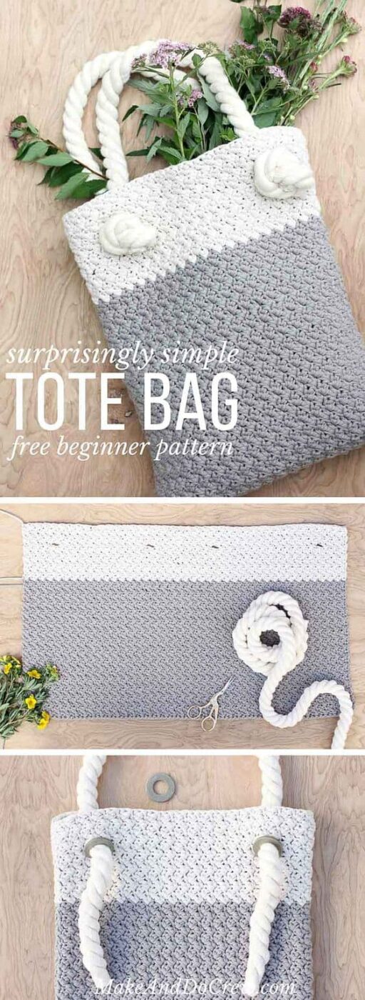 White And Grey Crochet Tote