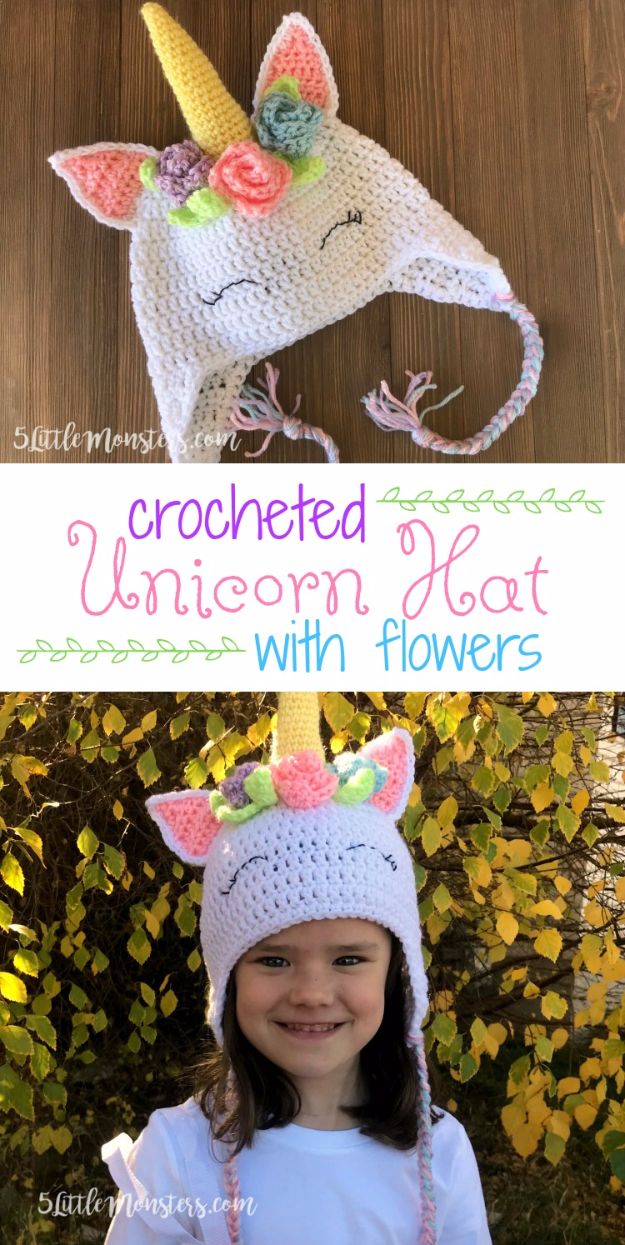 DIY Ideas With Unicorns - Crocheted Unicorn Hat With Flowers - Cute and Easy DIY Projects for Unicorn Lovers - Wall and Home Decor Projects, Things To Make and Sell on Etsy - Quick Gifts to Make for Friends and Family - Homemade No Sew Projects and Pillows - Fun Jewelry, Desk Decor Cool Clothes and Accessories http://diyprojectsforteens.com/diy-ideas-unicorns