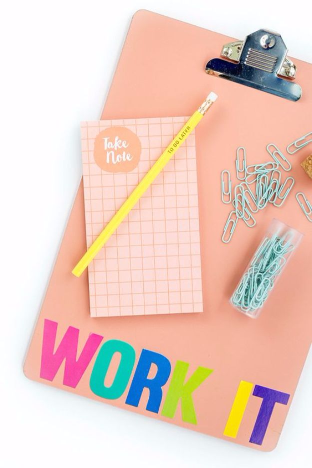 DIY School Supplies - DIY ‘Work It’ Back-To-School Clipboard - Easy Crafts and Do It Yourself Ideas for Back To School - Pencils, Notebooks, Backpacks and Fun Gear for Going Back To Class - Creative DIY Projects for Cheap School Supplies - Cute Crafts for Teens and Kids http://diyprojectsforteens.com/diy-back-to-school-supplies