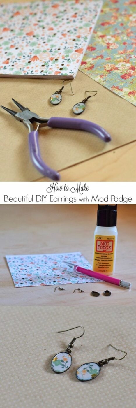 Mod Podge Crafts - DIY Earrings With Mod Podge - DIY Modge Podge Ideas On Wood, Glass, Canvases, Fabric, Paper and Mason Jars - How To Make Pictures, Home Decor, Easy Craft Ideas and DIY Wall Art for Beginners - Cute, Cheap Crafty Homemade Gifts for Christmas and Birthday Presents http://diyjoy.com/mod-podge-crafts